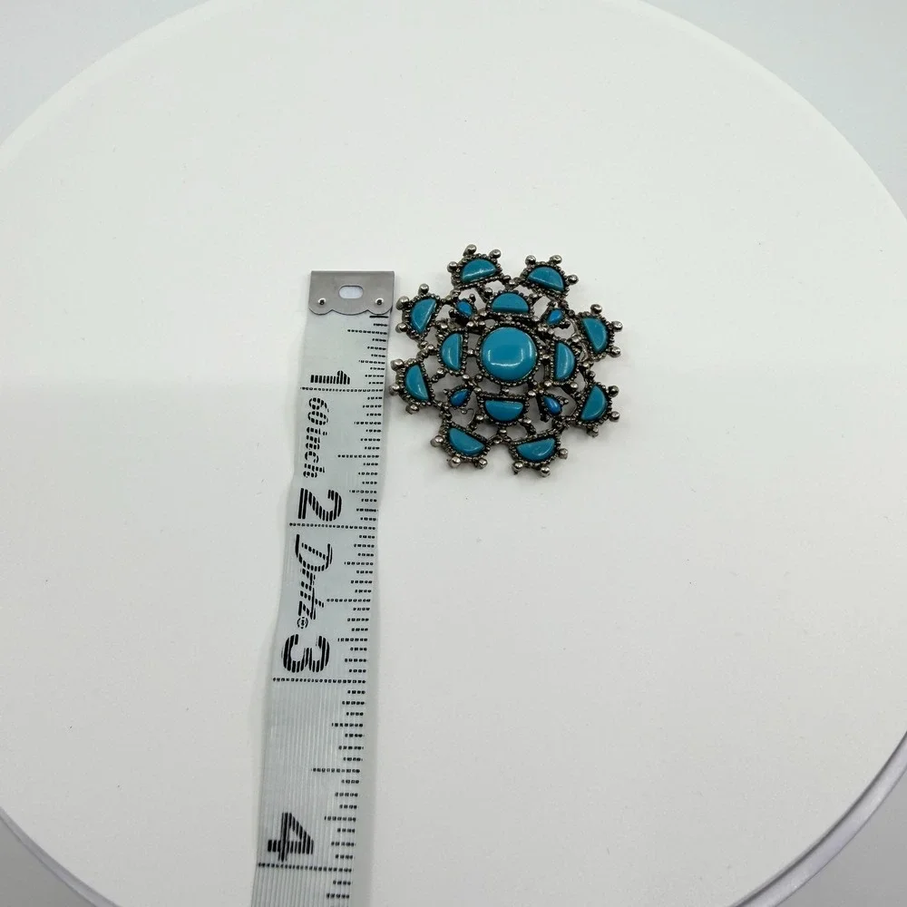 Vintage Silver Tone Simulated Turquoise Flower Brooch Pin Boho Retro Ornate‎ 90s